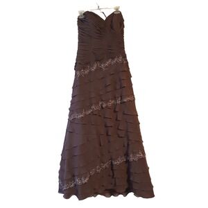 Y2K Whimsigoth Bling Strapless Brown Satin Asymmetrical Formal Gown Prom Dress